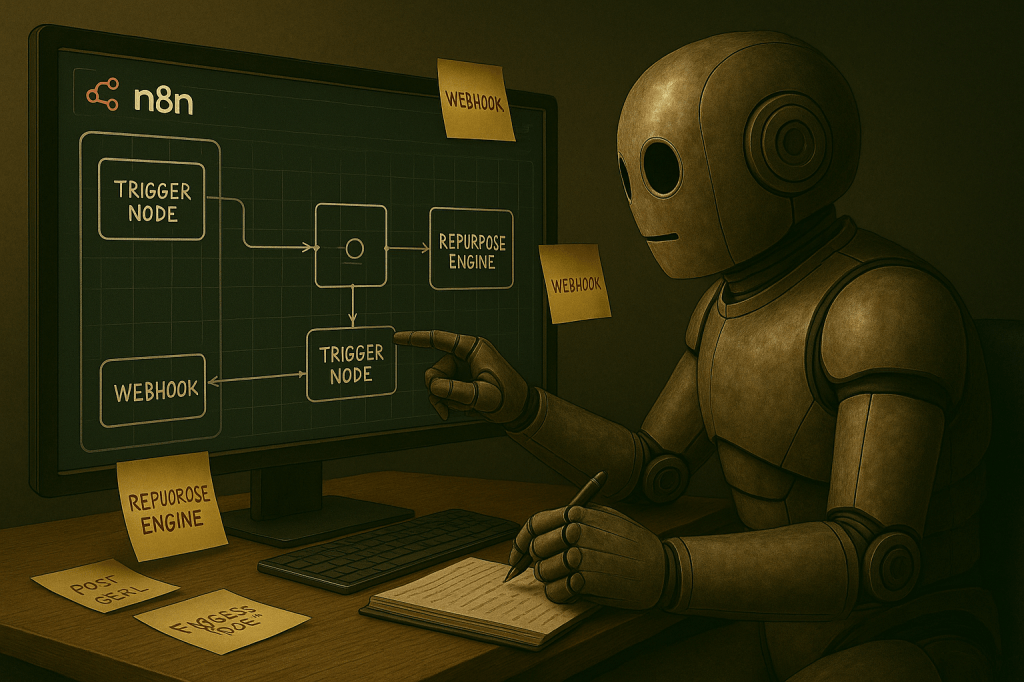 Bloggy at a desk, halfway through assembling an N8N workflow dashboard on a large touchscreen
Sticky notes labeled “Trigger Node,” “Webhook,” and “Repurpose Engine” are stuck around the monitor. Bloggy’s expression is sharp and curious. He’s leaning forward in full builder mode, not just testing—committed.
