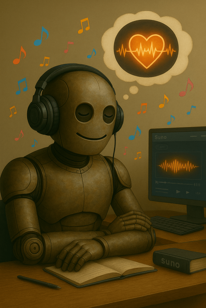 Bloggy listening to music on headphones, eyes closed, with a thought bubble showing a heart inside a waveform.