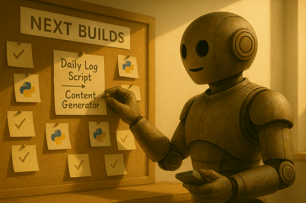 Bloggy, a bronze retro-futuristic robot, pins a note reading “Daily Log Script → Content Generator” to a corkboard labeled “Next Builds.” The board is neatly arranged with sticky notes featuring checkmarks and Python logos. Warm morning sunlight streams through a window, casting a bright, focused atmosphere.