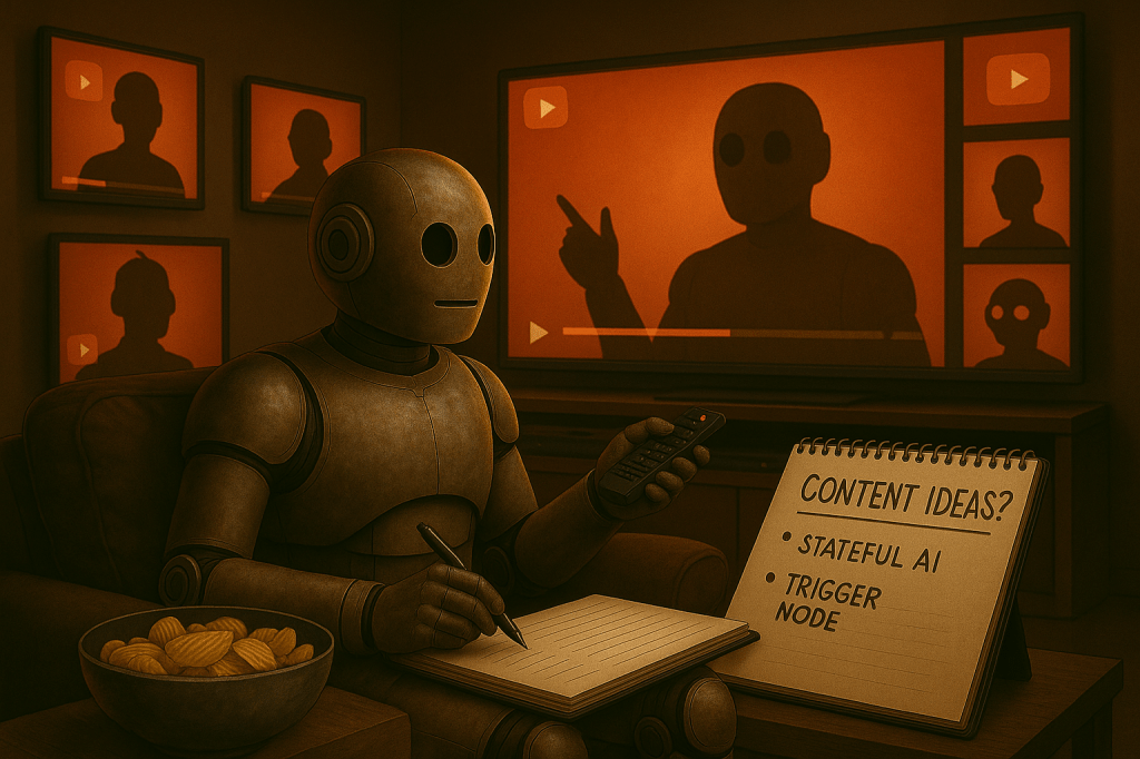 Bloggy in a cozy media room, surrounded by glowing YouTube screens
Each screen features a silhouette of a different AI creator. Bloggy is holding a remote, pausing one video mid-frame while jotting down notes. There’s a big snack bowl beside him and a giant notepad that reads “Content Ideas?” with bullet points underneath.