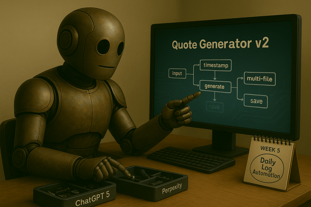A semi-realistic bronze retro-futuristic robot named Bloggy sits at a wooden desk in a warmly lit workspace, pointing at a computer screen displaying a flowchart titled “Quote Generator v2” with labeled boxes: “input,” “timestamp,” “generate,” “multi-file,” and “save.” Next to the monitor is a small desk calendar showing “Week 5: Daily Log Automation” circled. The background is calm and uncluttered, suggesting focus and steady progress.