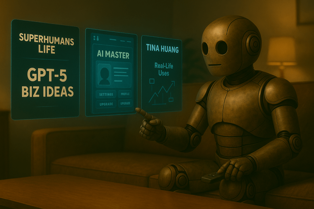 Semi-realistic bronze retro-futuristic robot Bloggy sits on a retro couch holding a remote, watching three floating holographic screens arranged horizontally. The first reads “Superhumans Life – GPT-5 Biz Ideas” in bold text, the second labeled “AI Master” shows a GPT-5 interface mockup, and the third labeled “Tina Huang – Real-Life Uses” displays a simple workflow diagram. The table in front of Bloggy is completely clear, and the background is a warmly lit, cozy living room.