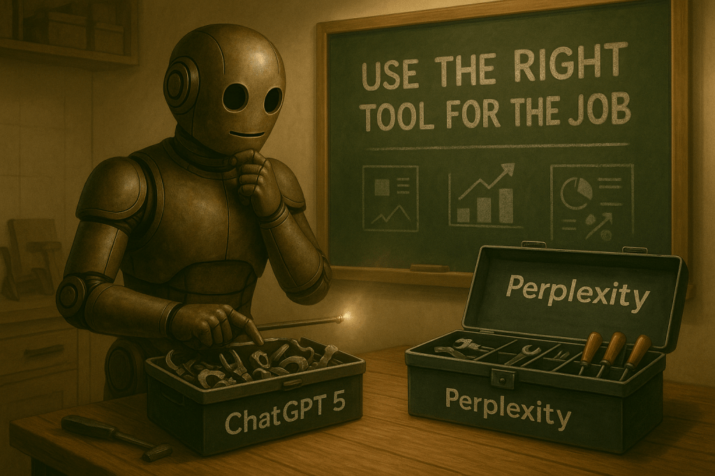 A semi-realistic, bronze retro-futuristic robot named Bloggy stands at a wooden workbench in a tidy workshop, comparing two open toolboxes. The left toolbox, labeled “ChatGPT 5,” is messy with broken parts and scattered bolts. The right toolbox, labeled “Perplexity,” is neatly organized with clean tools. Behind Bloggy, a chalkboard reads “USE THE RIGHT TOOL FOR THE JOB” in bold letters, with simple bar and pie chart sketches beneath. Warm, cinematic lighting highlights Bloggy’s thoughtful pose.