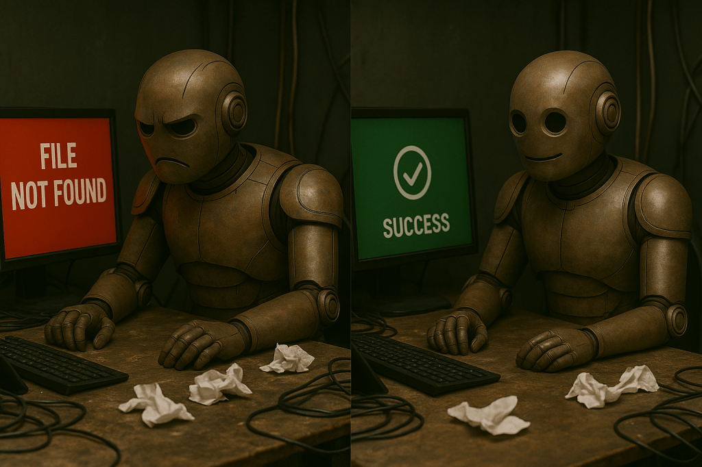 Bloggy glaring at a computer with a giant red error message on screen. Crumpled papers and “file_not_found.py” in big text. In the next panel, same pose but with a tiny green “Success” checkmark — Bloggy looks baffled.