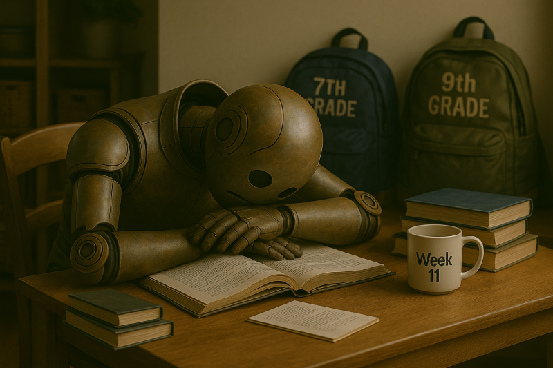 Bloggy collapsed at a desk, surrounded by school books, two backpacks in the background (for middle and high school). Coffee mug labeled “Week 11.”