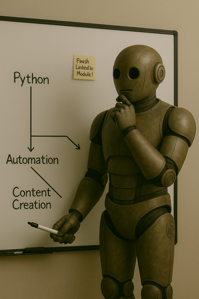 Bloggy looking at a roadmap on a whiteboard with three routes labeled: “Python,” “Automation,” and “Content Creation.”
Bonus: A sticky note on the board says “Finish LinkedIn module!”