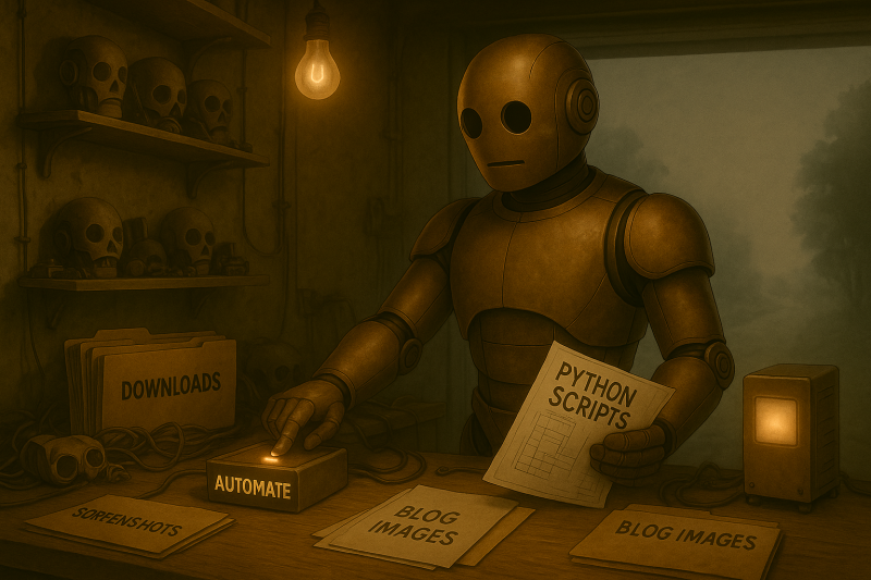 A retro-futuristic humanoid robot with a weathered bronze body stands at a cluttered wooden workbench under the glow of a single bulb. His smooth helmet-like head has no nose, only two dark circular eyes fixed calmly on the task. In one hand he holds blueprints labeled “PYTHON SCRIPTS,” while the other presses a glowing control box labeled “AUTOMATE.” The workbench is scattered with folders clearly labeled “DOWNLOADS,” “SCREENSHOTS,” and “BLOG IMAGES,” along with loose wires and spare robot parts. On the shelves behind him sit incomplete robot heads, and beyond the open garage door a foggy path leads into the distance.