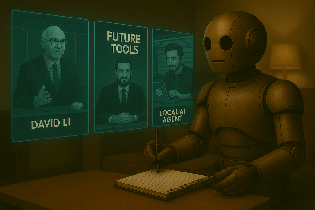 Bloggy watching three different floating holograms:

Older man in a virtual lecture room.

Man with a beard at a news desk with a “Future Tools” banner.

Young Adult man tinkering with a local AI agent inside a stylized garage.
Bloggy is taking notes with focused attention.
