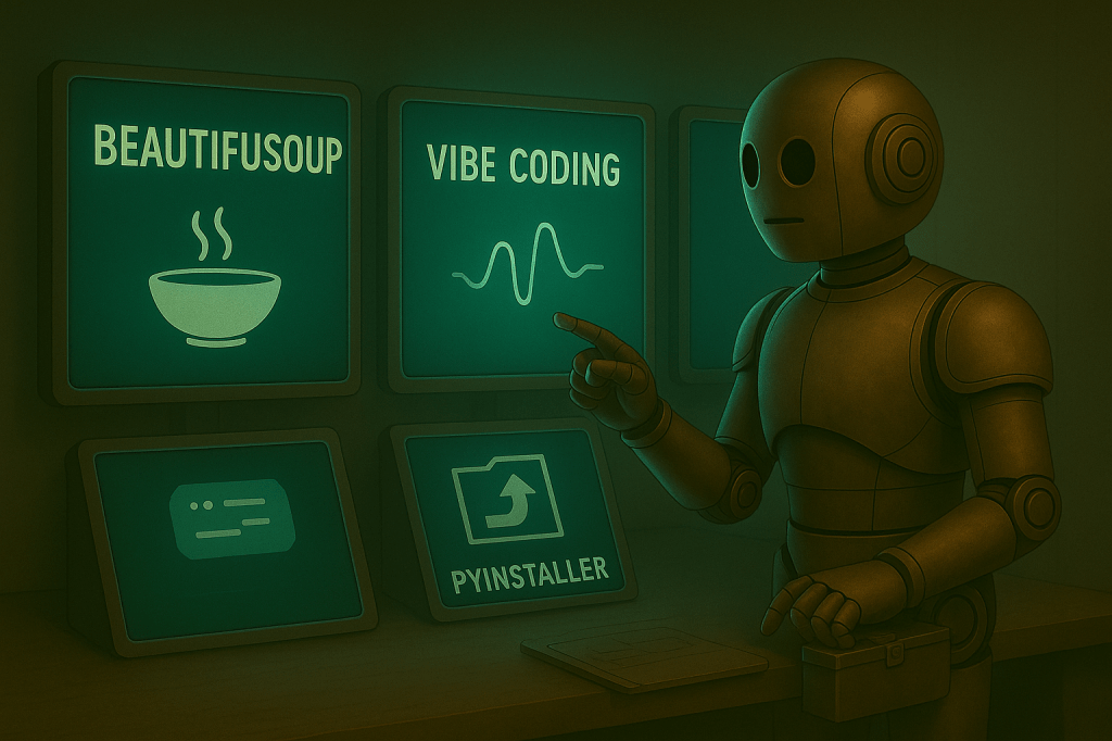 Bloggy stands in front of three large glowing terminals: one labeled “BeautifulSoup,” one labeled “Vibe Coding,” and one labeled “PyInstaller.” Each screen shows faint icons (a soup bowl for BeautifulSoup, abstract waves for vibe coding, a box turning into an app for PyInstaller). Bloggy points between them, curious and engaged, as if comparing different tools on a workbench.