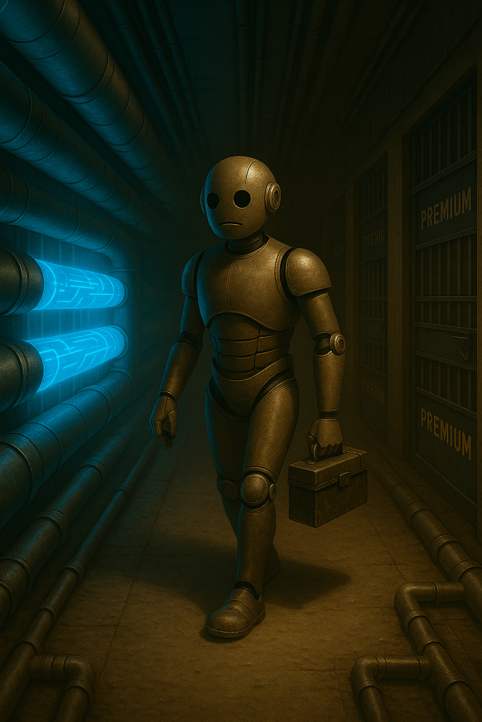 Bloggy walks down a long hallway of pipes, half glowing blue with flowing data and half dark with locked gates marked “Premium.” He keeps walking forward, toolkit in hand, looking both tired and resolved. The mood is reflective but steady, showing persistence despite obstacles.