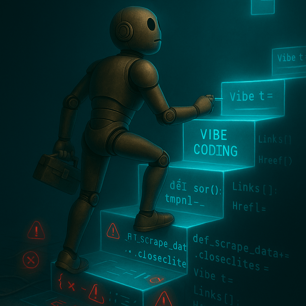Bloggy climbs a glowing staircase of code blocks. At the bottom are broken snippets and red error symbols. At the top, faint silhouettes of clean folders and clickable links glow like a goal. He looks upward, pausing on a middle step labeled “Vibe Coding,” reflecting persistence and discovery.