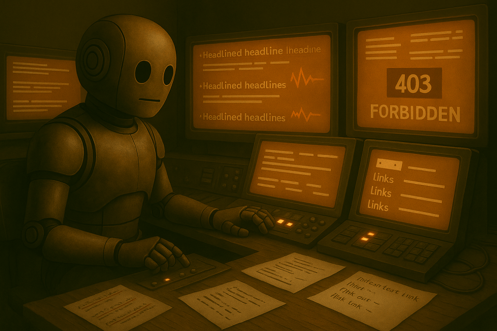 Bloggy sits at a cluttered retro console with glowing screens showing broken headlines, half-cut summaries, and red “403 Forbidden” warnings. One screen shows plain text links that don’t light up, symbolizing non-clickable URLs. Bloggy tilts his head, as if troubleshooting why the output doesn’t feel user-ready. The atmosphere is problem-solving, imperfect but determined, cinematic in tone.