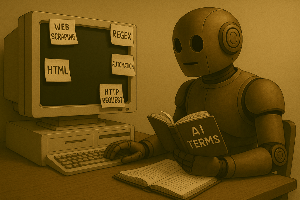 Bloggy sitting at a vintage computer terminal surrounded by sticky notes labeled “Web Scraping,” “Regex,” “HTML,” “Automation,” and “HTTP Request.” He’s flipping through a thick manual titled “AI Terms,” with one hand on the keyboard as if cross-referencing examples in real time.