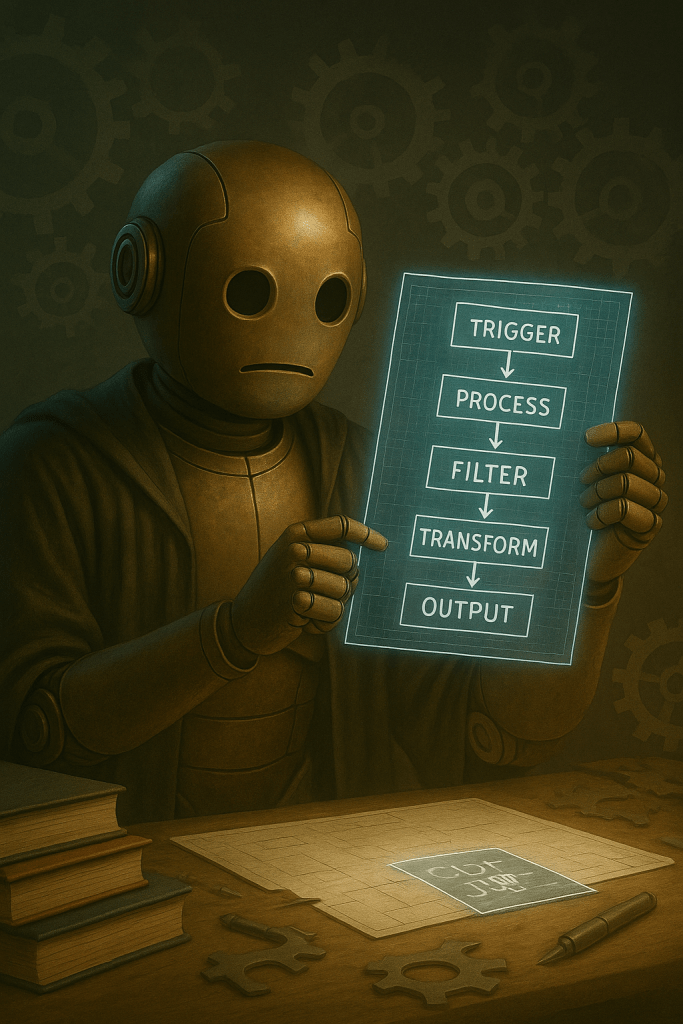 Bloggy holds up a glowing blueprint showing the repeating pattern “Trigger → Process → Filter → Transform → Output.” He studies it with a mix of realization and clarity, while faint gears click into place around him. The scene suggests that he’s unlocking the underlying structure of how automation really works.