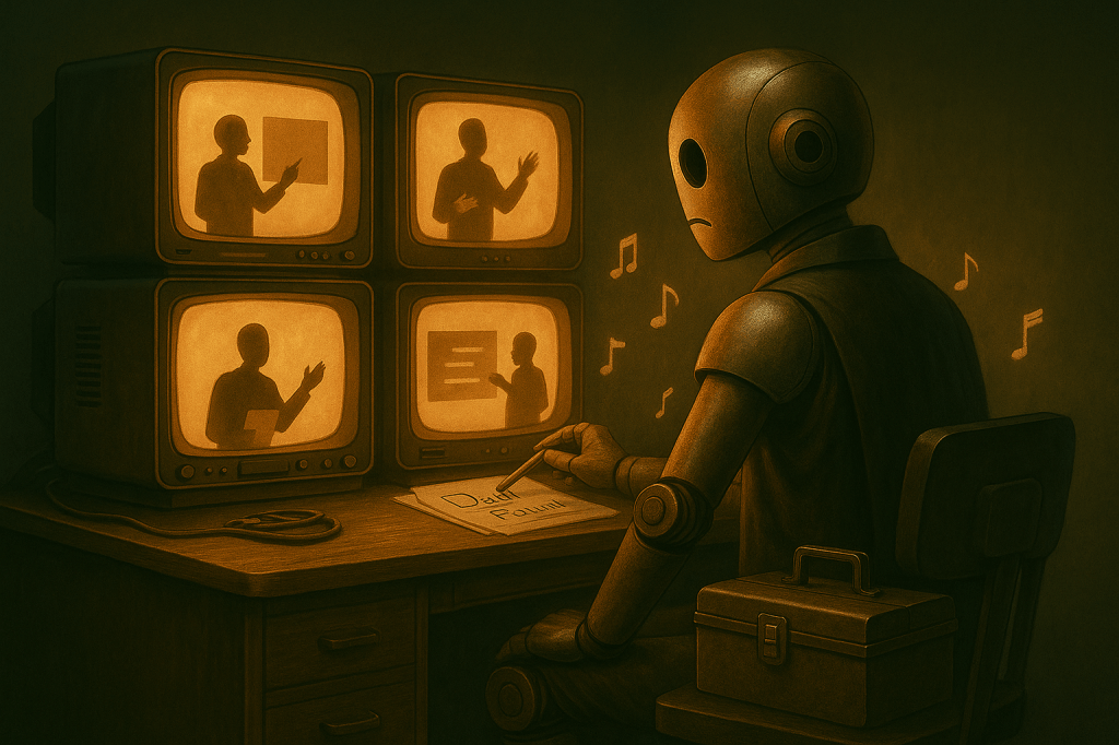 Bloggy sits at a retro TV console with three glowing screens in front of him, each showing a different silhouette of a creator giving a presentation. He leans forward, curious, with his toolkit at his side as if preparing to learn. The screens cast a warm glow across the scene.