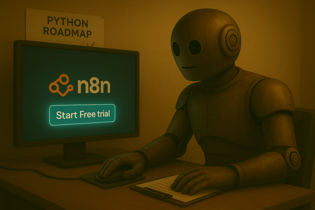 Bloggy is seated, leaning forward slightly. His left hand is resting on the desk, and his right arm is connected properly as it hovers over the glowing “Start Free Trial” button on the n8n homepage. His body is facing the screen with natural posture — no crossed arms.