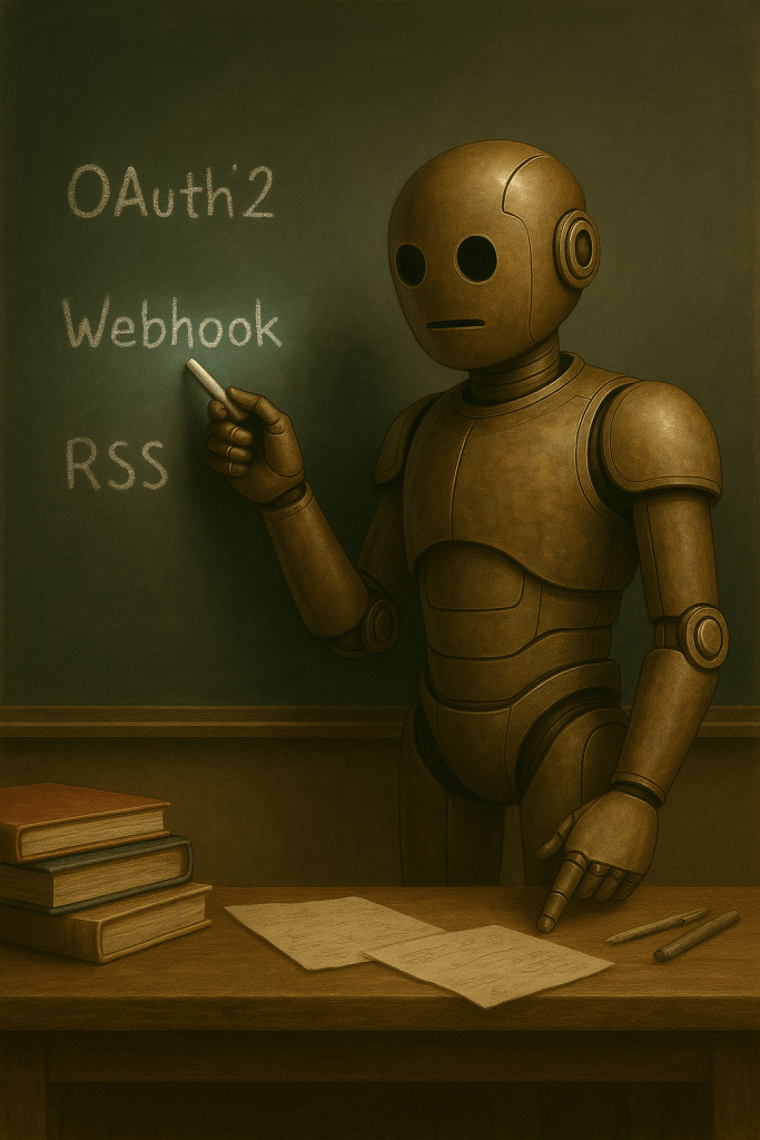 Bloggy stands in front of a chalkboard covered with handwritten terms like “OAuth2,” “Webhook,” and “RSS.” He points at one with a piece of chalk, while the others glow faintly behind him. The style is like a classroom lesson, but cinematic, emphasizing discovery and learning.
