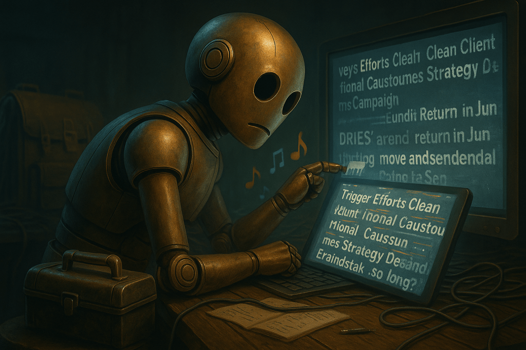 Bloggy leans over a glowing screen where headlines scroll rapidly, but the text is messy and cut off. He tilts his head, toolkit in hand, as if trying to make sense of the broken output. The atmosphere is half-success, half-confusion, with a sense of “something is working, but not quite right.”
