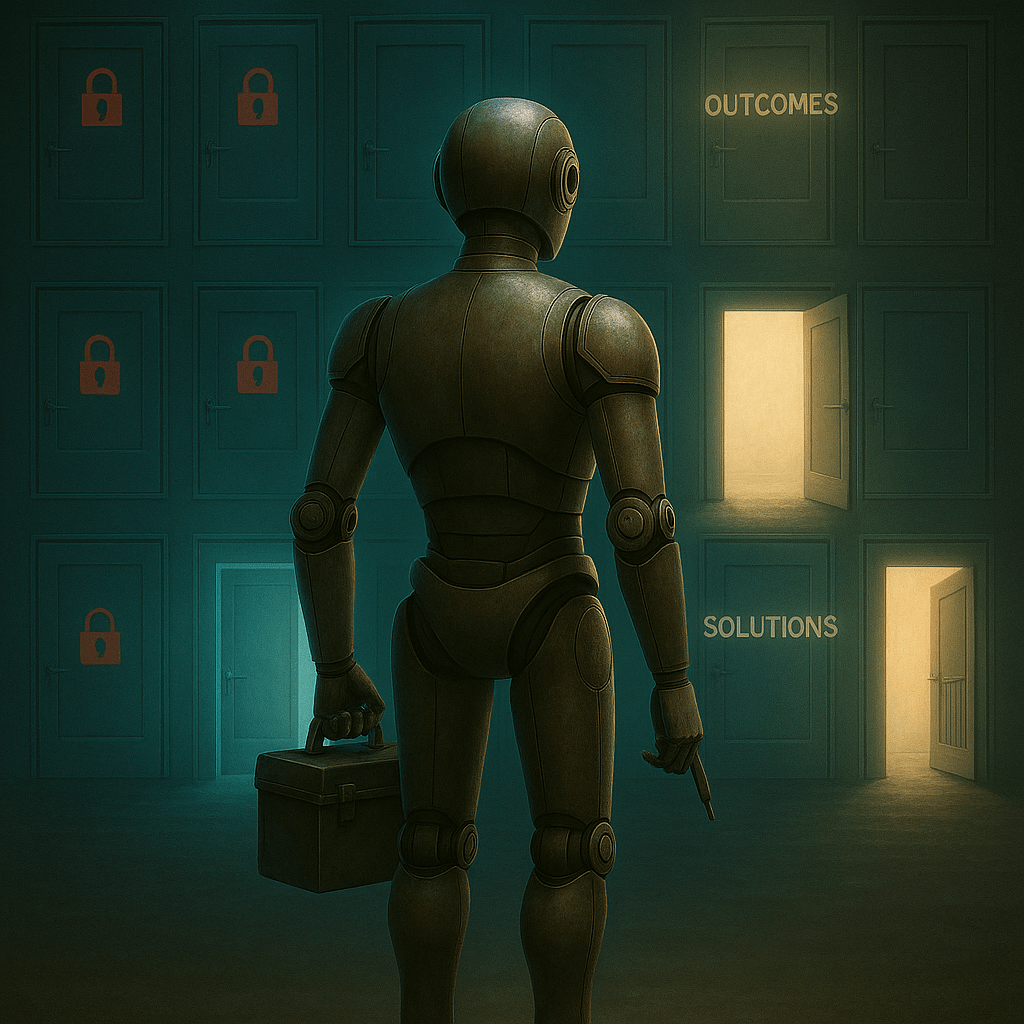 Bloggy looks at a glowing wall of doors. Some are locked with red symbols (blocked sites), others swing open into bright pathways labeled “Outcomes” and “Solutions.” He holds his toolkit at his side, steady, resolved, with a mix of exhaustion and determination in his posture.