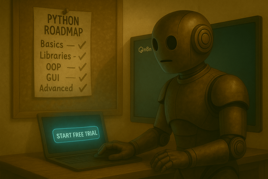 Bloggy staring at a glowing button labeled “Start Free Trial” on the n8n homepage. His hand hovers over the mouse, uncertain. Behind him, his Python roadmap is pinned to the wall with progress checkmarks but fading in intensity.