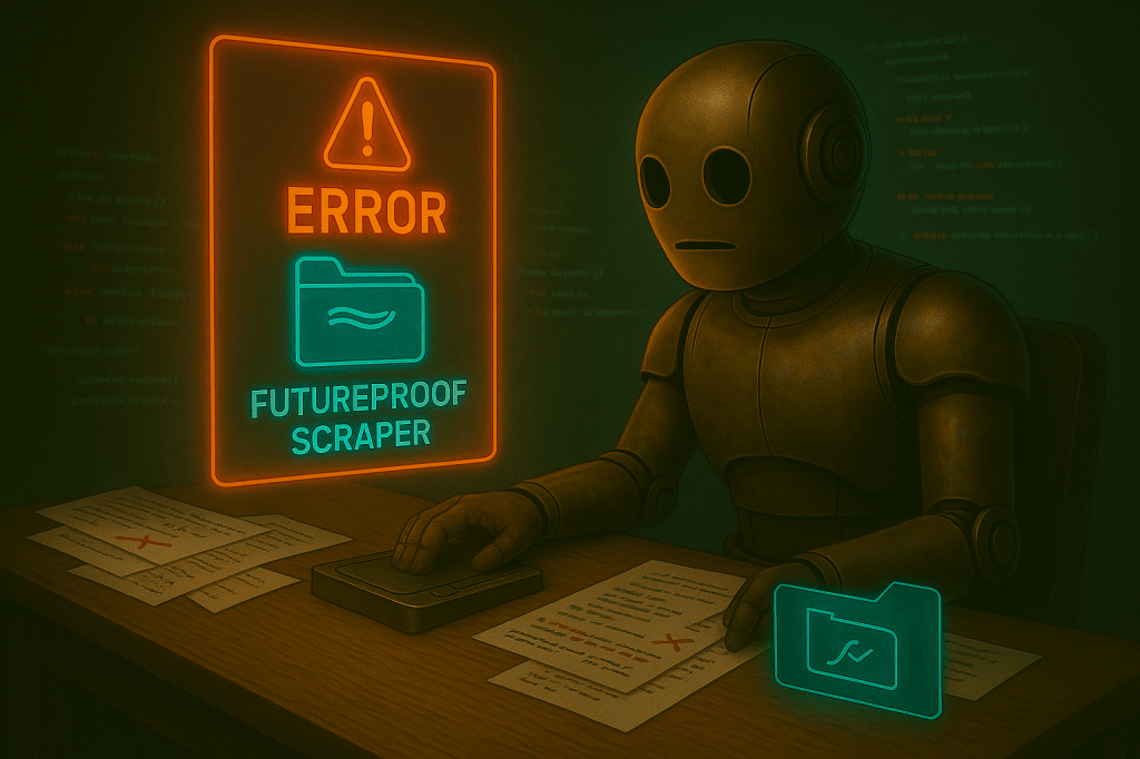 Bloggy sits at a retro desk, staring at a glowing error message floating above a half-finished holographic folder labeled Futureproof Scraper. Around him are scattered code pages and flickering lines of Python, some crossed out in red, others glowing green as if partially working. His black eyes look frustrated but determined, and his hand hovers over a glowing console button labeled “Retry.” The mood is experimental and gritty, showing the trial-and-error of building tools rather than the polished result.