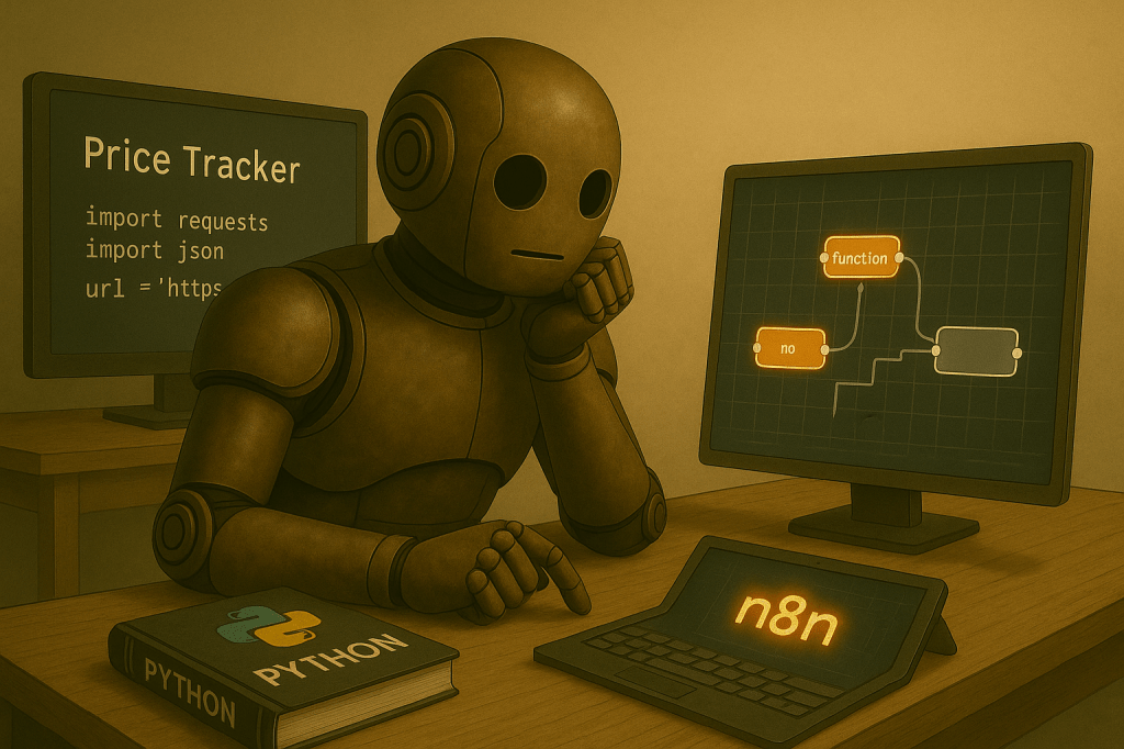 Bloggy at a large workbench. On one side: a perfectly working Python price tracker displayed on a monitor. On the other: an open n8n canvas with unfinished nodes. He’s leaning toward the n8n side, chin resting on his hand, evaluating both.