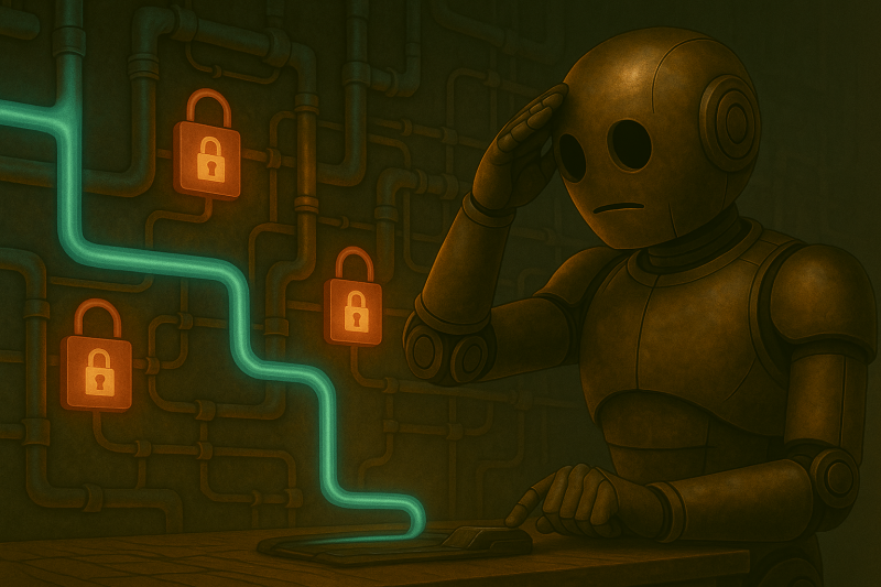Bloggy, the bronze retro-futuristic robot, is standing in front of a giant glowing wall of pipes and wires. Some pipes flow freely with bright streams of data, while others are blocked with glowing red locks marked “API.” His wide eyes show both frustration and determination as he studies the system. Cinematic, grounded, with a mix of curiosity and grit.