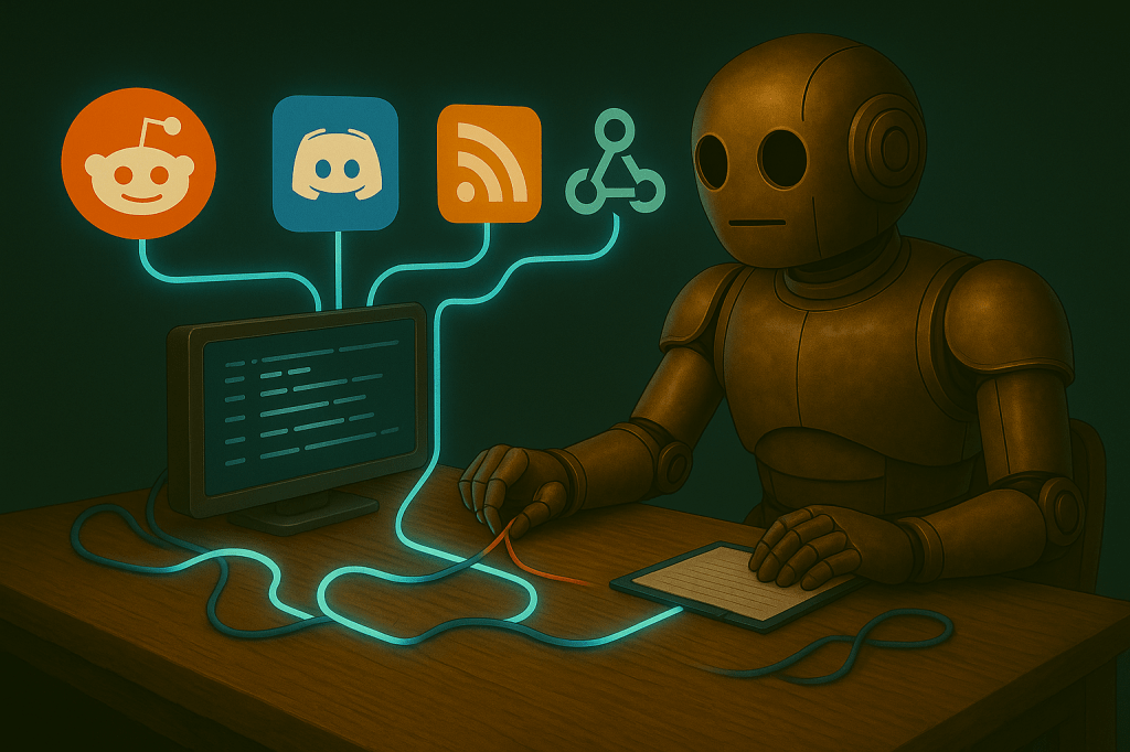 Bloggy sits at a workbench surrounded by glowing icons labeled “Reddit,” “Discord,” “RSS,” and “Webhook.” He wires them together like puzzle pieces, and a single stream of data flows across the table into a glowing screen. The vibe is tinkering and experimentation, with clear focus.