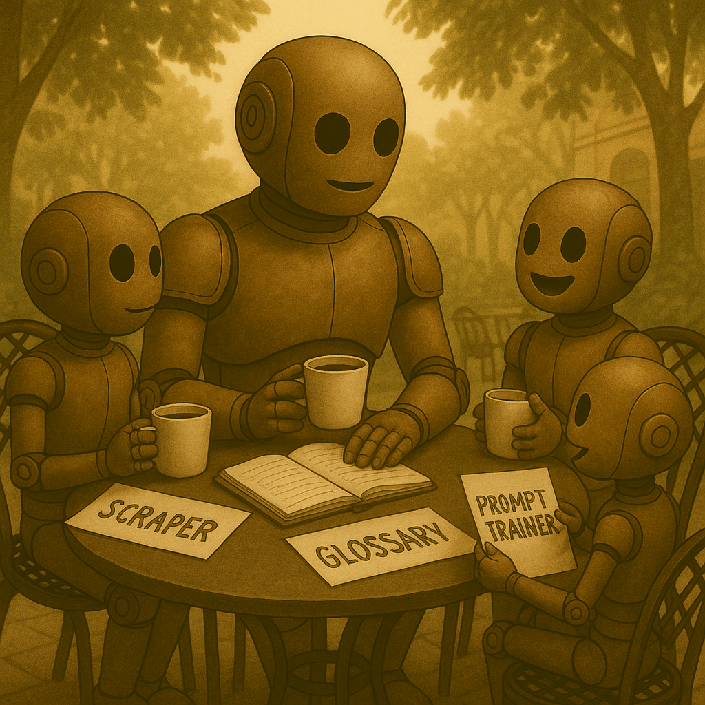 Bloggy sits outdoors with smaller bots gathered around him. They examine cards labeled with words like “Glossary” and “News Scraper.” The group looks curious and collaborative, representing progress and shared learning.