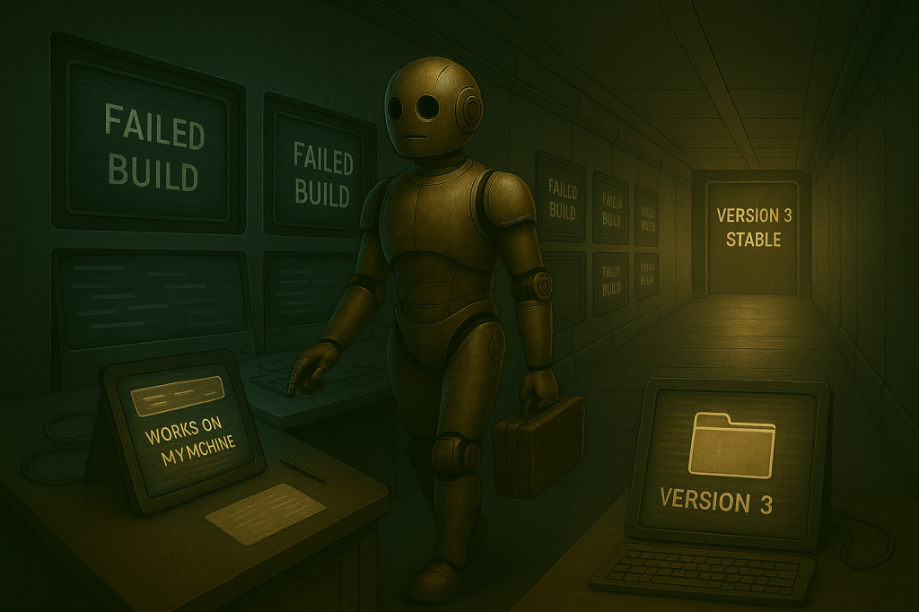 Bloggy walks down a long metallic hallway lined with screens showing past failed builds fading behind him. Ahead, a single bright terminal displays Version 3: Stable. He carries a sealed data case under one arm, symbolizing completion and readiness to deliver. The tone is reflective and resolute.