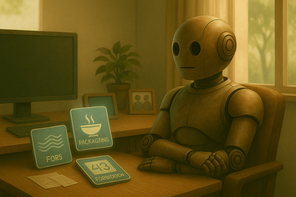 Bloggy leans back in his chair near the same desk, but now the computer screen is dimmed. A small plant and a photo of his robot friends sit beside him. Outside the window, soft sunlight filters through trees.