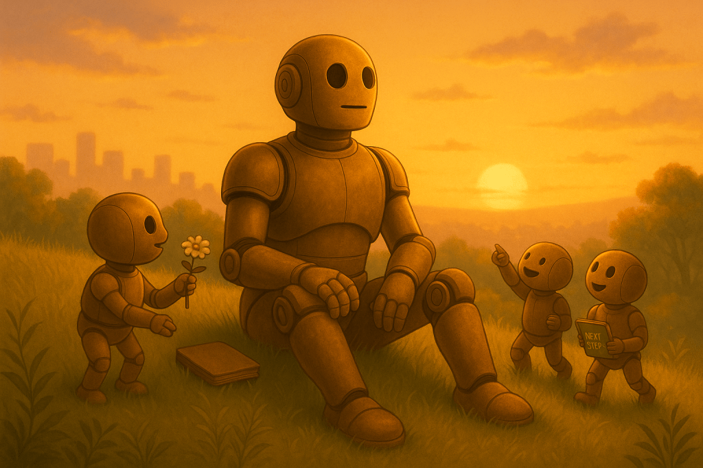 Bloggy sits in a grassy field at sunset with a few smaller robots, watching the sun dip behind the hills. The atmosphere is peaceful and warm, capturing gratitude, growth, and balance between ambition and presence.