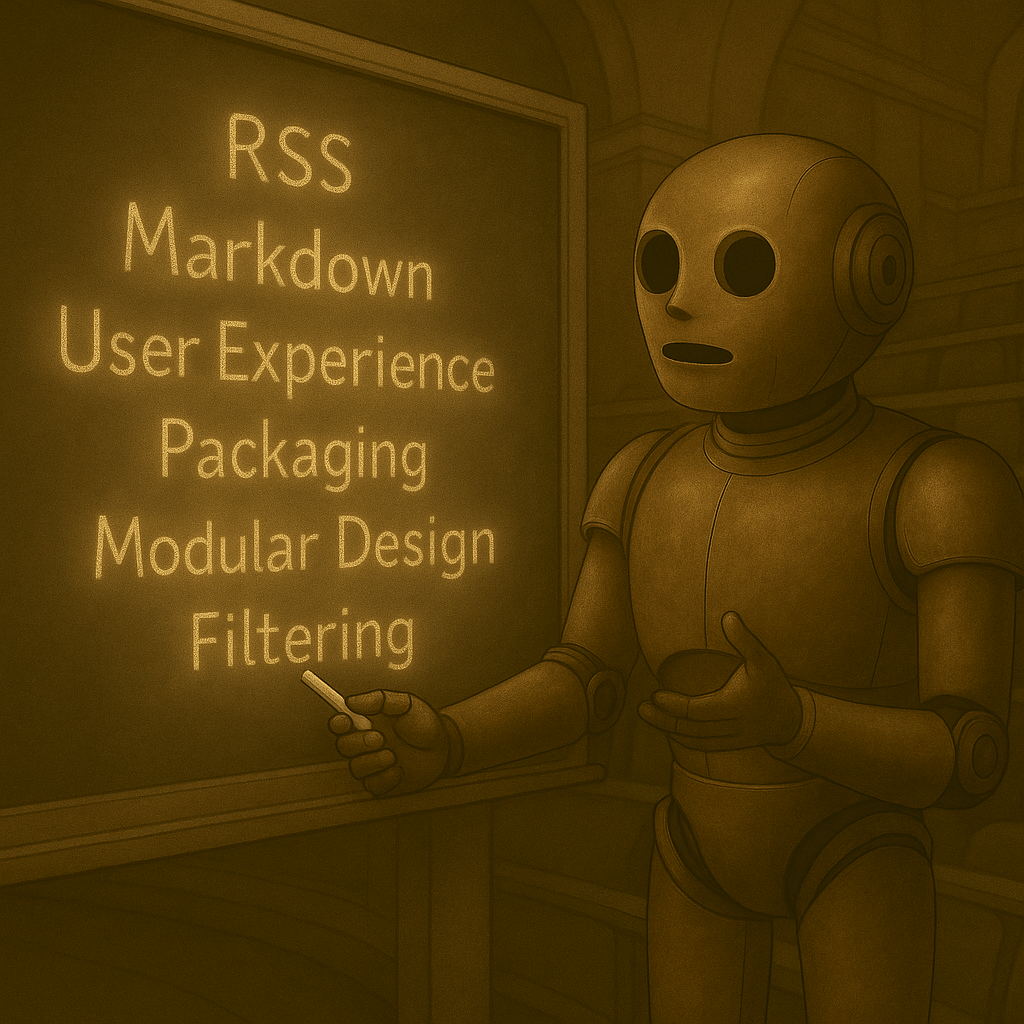 Bloggy stands at a chalkboard in a sepia sci-fi lecture hall. Words written by hand glow faintly: RSS, Markdown, User Experience, Packaging, Filtering, Modular Design. He holds chalk in one hand, mouth slightly open mid-explanation, posture equal parts teacher and explorer.
