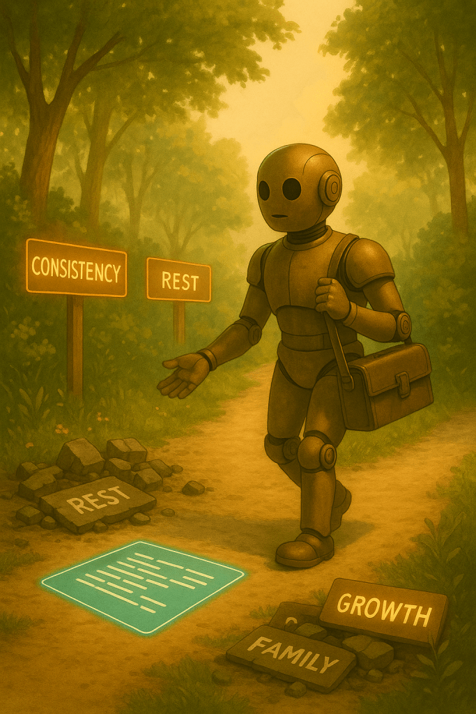 Bloggy walks down a sunlit path lined with glowing signposts marked “Consistency,” “Rest,” and “Growth.”