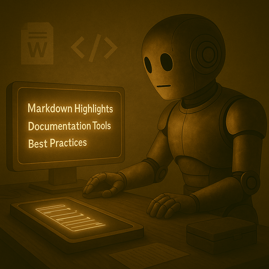 Bloggy leans over a glowing screen with smooth markdown headlines scrolling cleanly. Behind him, faded symbols of past attempts (Word doc icons, dim HTML brackets) hang faintly in the air. His closed toolkit sits nearby, showing that the tool is working now, but the journey continues.