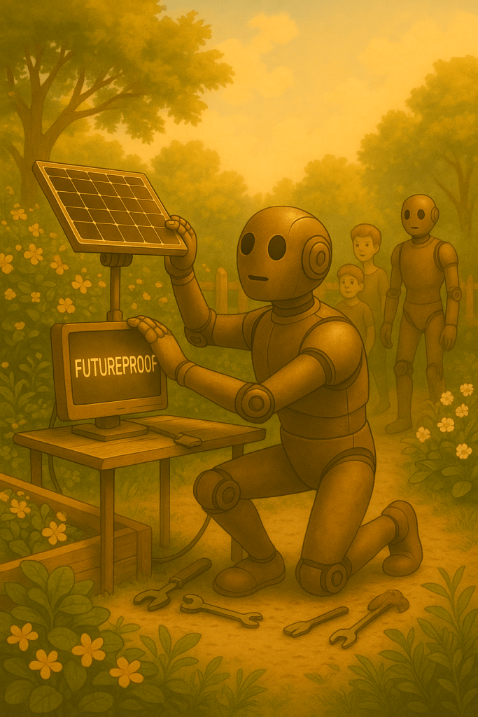 Bloggy kneels in a bright outdoor garden surrounded by flowers, adjusting a small solar panel connected to a device labeled “Futureproof.” Behind him, smaller robots watch curiously. The scene feels hopeful and forward-looking, symbolizing renewal, growth, and sustainable progress.
