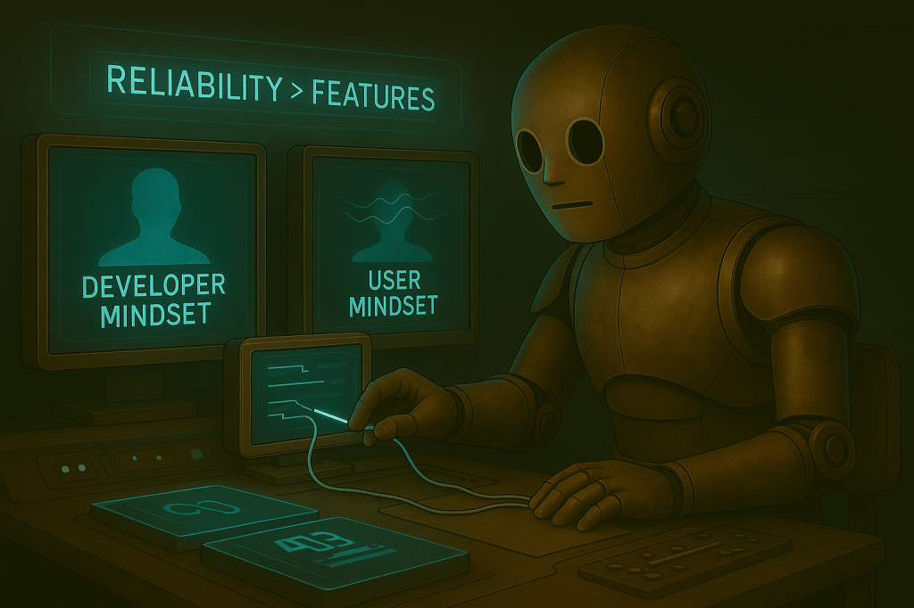 Bloggy observes two test subjects on glowing screens: one labeled Developer Mindset, the other User Mindset. He swaps wires between them, watching the signals flow differently. A faint holographic caption above reads Reliability > Features. The tone is introspective and instructional, with bronze and teal hues.
