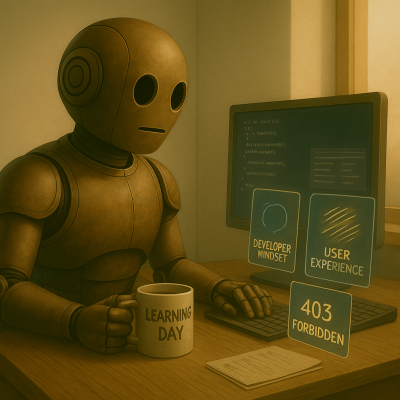 Bloggy sits at his bronze desk, morning light spilling through a window. His screen shows neat lines of unfinished code.