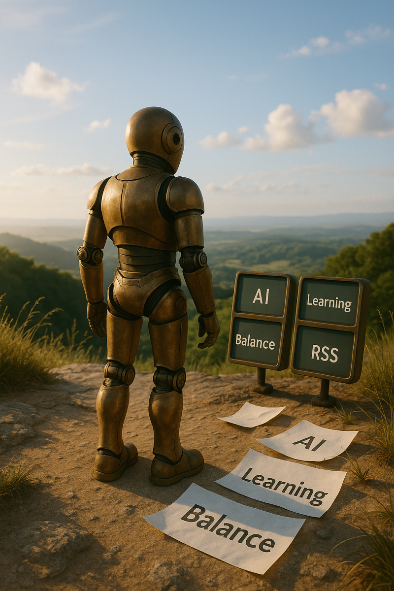 Bloggy stands on a mountain overlook in warm morning light. Around him are signs labeled “AI,” “Learning,” and “Balance,” with papers at his feet showing the same words. The scene feels optimistic and focused, symbolizing reflection and direction.