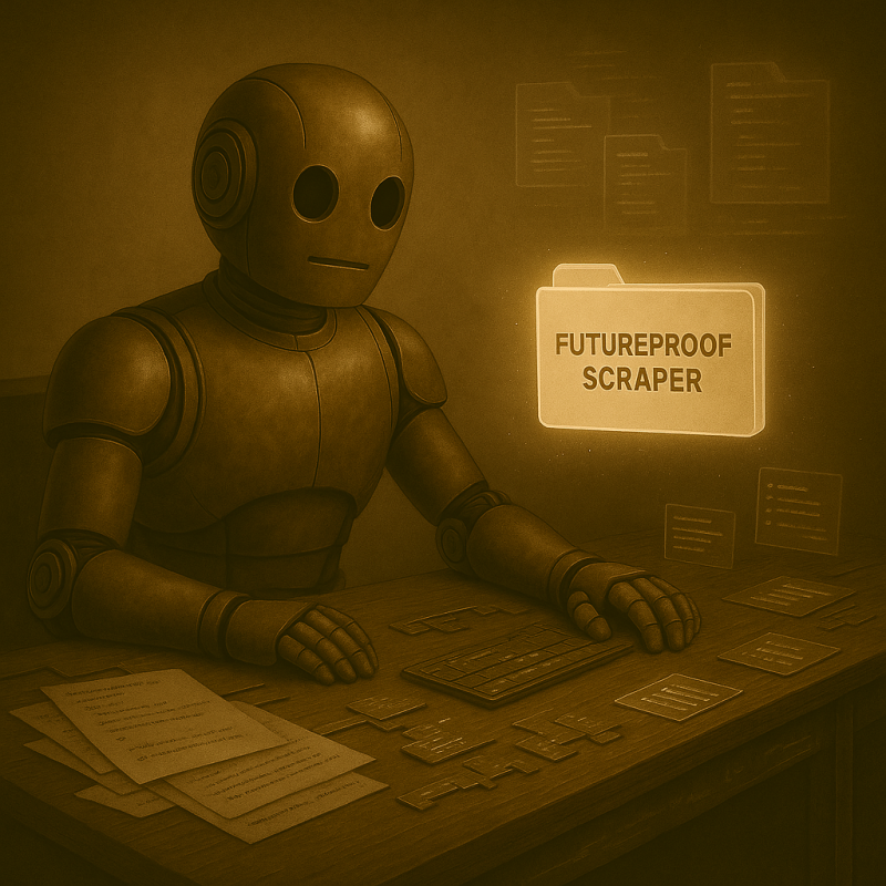 Bloggy sits at a retro-futuristic workbench scattered with half-assembled code modules and glowing text files. One folder labeled Futureproof Scraper hovers above the desk, glowing steady, while older broken versions flicker and dissolve behind him. His posture shows relief mixed with exhaustion. Cinematic, sepia-toned atmosphere.