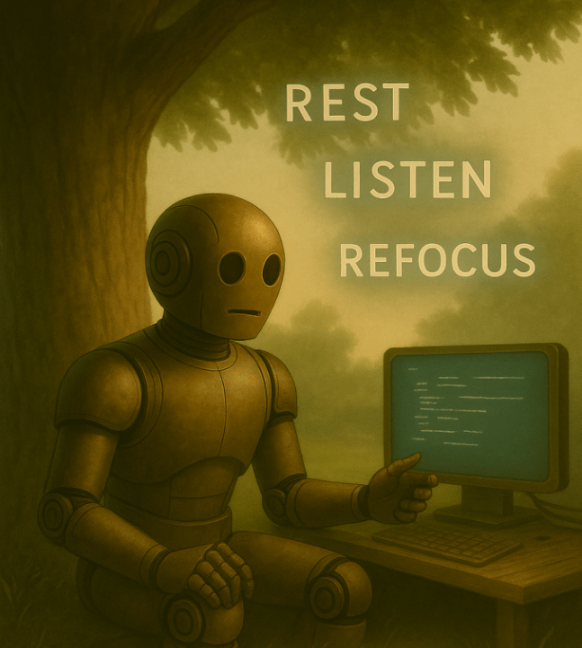 Bloggy sits under a tree beside an open notebook and tablet. His expression is calm, curious. Lines of text float softly above him reading “Rest,” “Listen,” and “Refocus.”