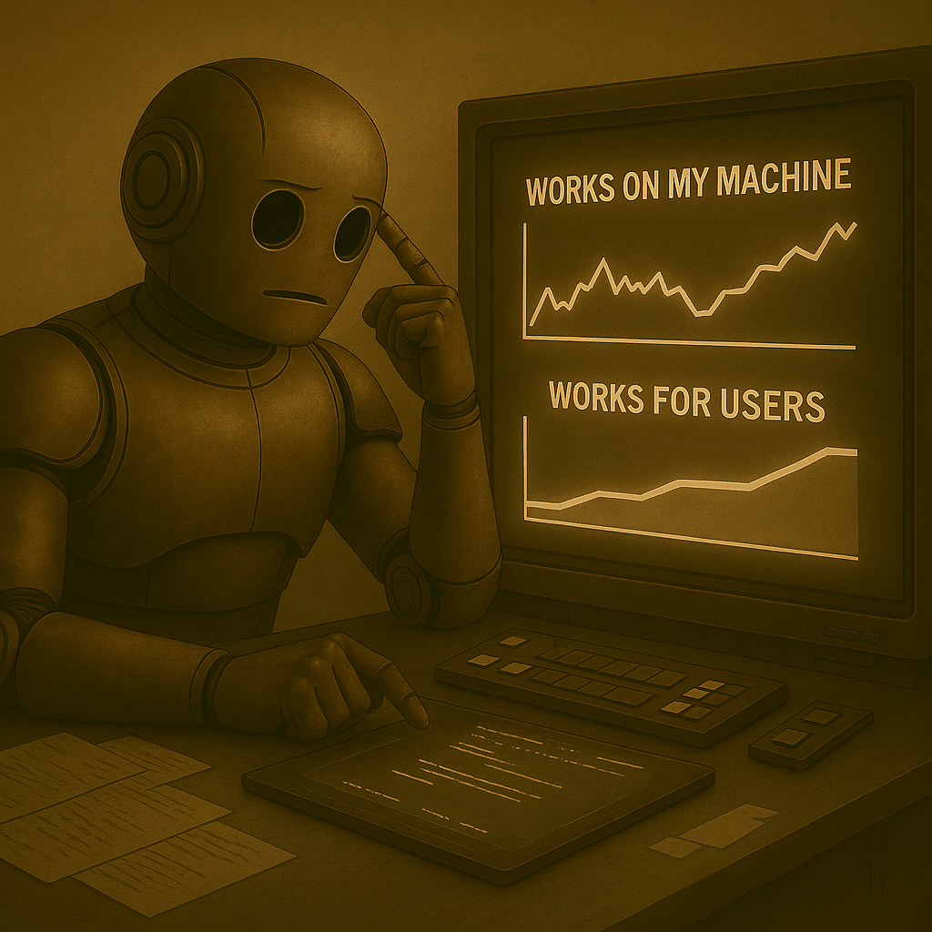 Bloggy examines two paths on a glowing retro console. One path is jagged and chaotic, labeled Works on My Machine. The other is smooth and steady, labeled Works for Users. He leans toward the second path, eyebrows furrowed in thought, showing the shift from code tinkering to product focus.