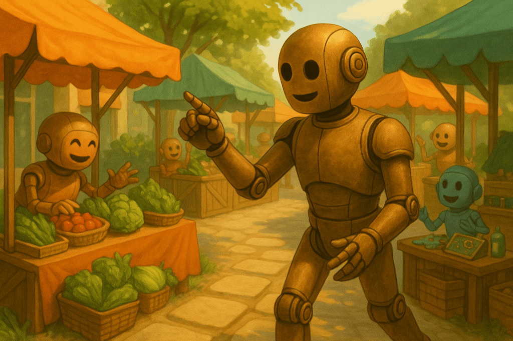 Bloggy standing in a lively outdoor marketplace talking with small-business-owner robots at colorful stalls. They’re smiling and gesturing enthusiastically as they show him their products, creating a scene full of connection and shared excitement.