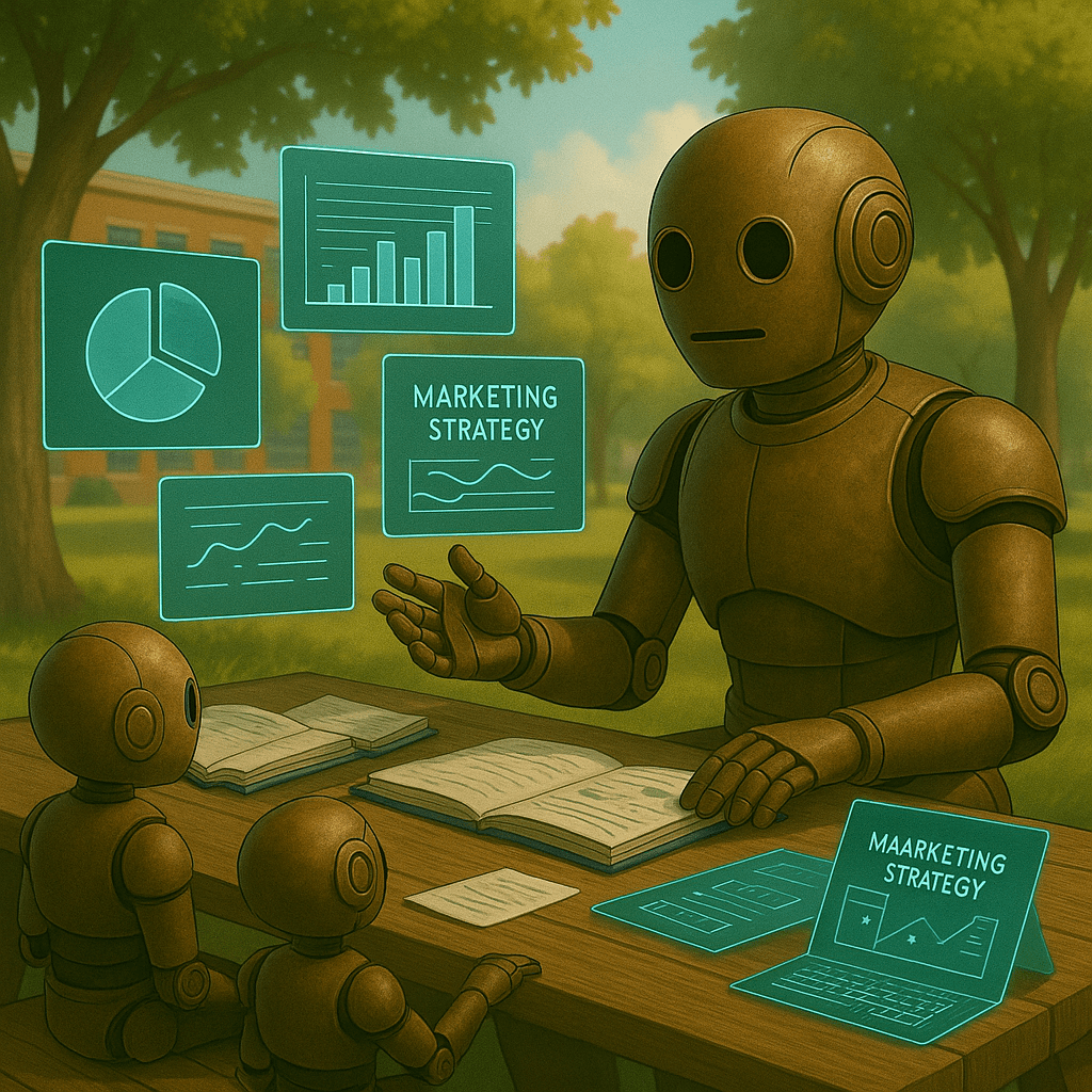 Bloggy sitting outdoors at a campus picnic table covered in notebooks and glowing holographic screens showing marketing charts. A few small student-robots gather around, sharing ideas. Trees sway in the breeze, the scene feels collaborative and full of discovery.