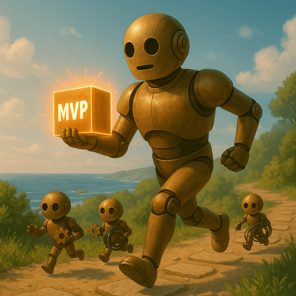 Bloggy jogging along a scenic coastal trail, carrying a glowing cube labeled “MVP.” Around him, little helper-bots run alongside holding mini gears and data cables. The sunlight glints off the cube, showing energy and momentum.