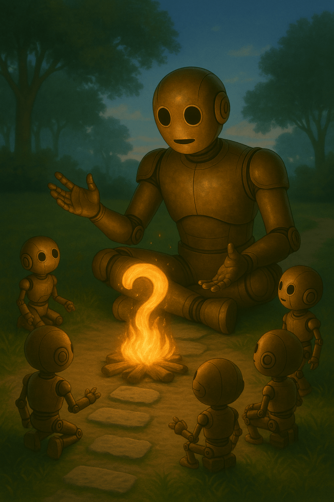 Bloggy sitting cross-legged in a park with a group of curious small robots gathered around a glowing campfire shaped like a question mark. They’re leaning in as Bloggy gestures while asking for ideas, the atmosphere friendly and inviting.