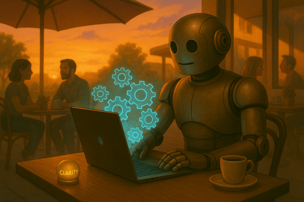 Bloggy sitting at a café table at sunset with a laptop open, watching ideas come to life as holographic gears spin above the screen. The mood is calm but purposeful. Other people around him represent collaboration and support. A small light labeled Clarity glows beside his coffee cup.
